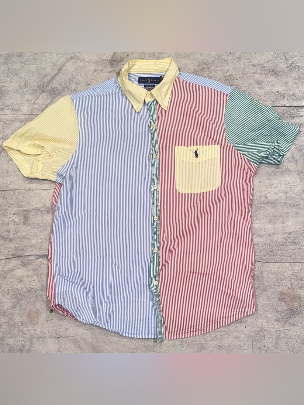 Polo Ralph Lauren Untucked Fit Seersucker Panel Short Sleeve Button Down Shirt M